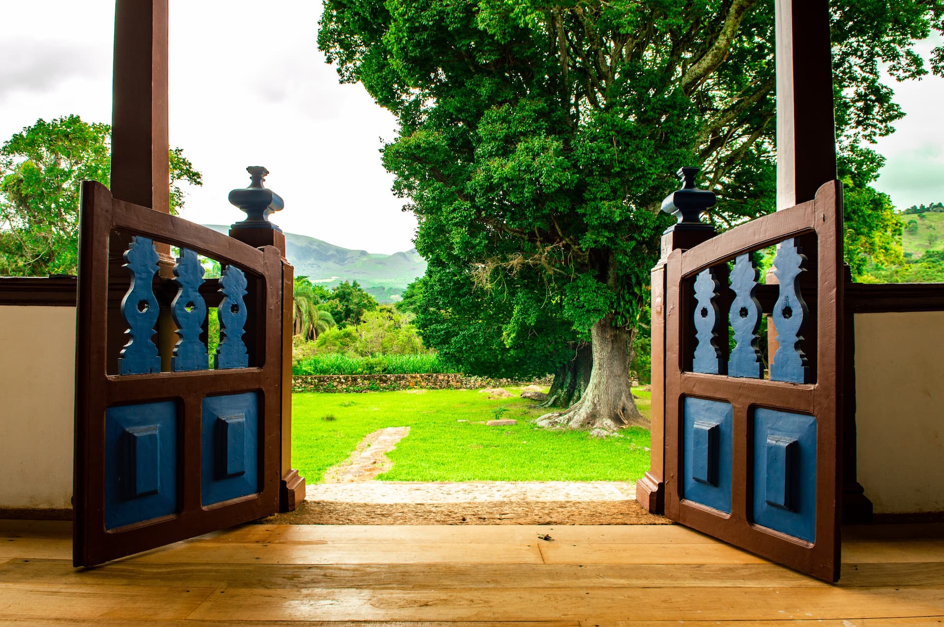 Jardín decorado con puertas de madera en color marrón y azul